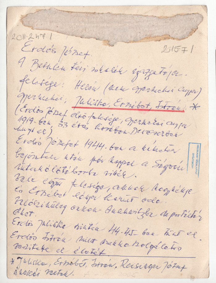 Kép az Erdős családról hátoldalán kézzel írt szöveg